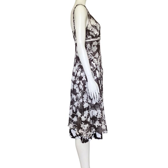 Vintage Y2K 100% Silk Ann Taylor Brown White Floral Midi Dress S/M Size 8 V Neck - Picture 6 of 14